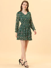 Long Sleeve V Neck Elastic Waist Ruffle Hem Chiffon Floral Dress