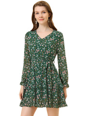 Long Sleeve V Neck Elastic Waist Ruffle Hem Chiffon Floral Dress