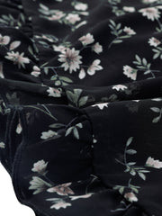 Long Sleeve V Neck Elastic Waist Ruffle Hem Chiffon Floral Dress