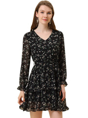 Long Sleeve V Neck Elastic Waist Ruffle Hem Chiffon Floral Dress