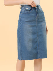 Casual High Waist Back Slit Stretch Denim Midi Jean Skirt