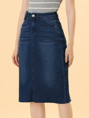 Casual High Waist Back Slit Stretch Denim Midi Skirt