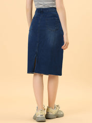 Casual High Waist Back Slit Stretch Denim Midi Skirt