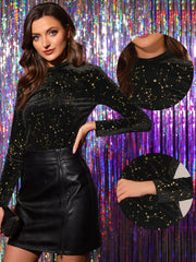 Velvet Blouse Stand Collar Long Sleeve Stars Tops