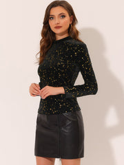 Velvet Blouse Stand Collar Long Sleeve Stars Tops