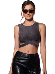 Party Glitter Cut Out Front Sleeveless Slim Fitted Crop Tank Top