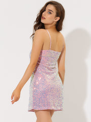 Glitter Sequin V Neck Spaghetti Strap Mini Party Dress