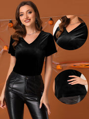 Velvet T-Shirt V Neck Short Sleeve Tee Tops