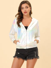 Holographic Party Shiny Lightweight Zipper Hooded Metallic Jacket