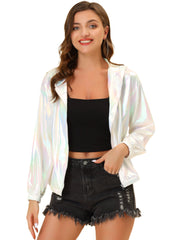 Holographic Party Shiny Lightweight Zipper Hooded Metallic Jacket