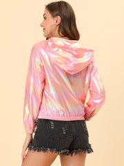Holographic Party Shiny Lightweight Zipper Hooded Metallic Jacket
