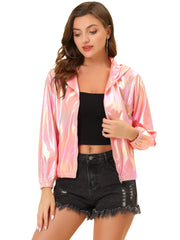 Holographic Party Shiny Lightweight Zipper Hooded Metallic Jacket