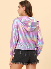 Holographic Party Shiny Lightweight Zipper Hooded Metallic Jacket