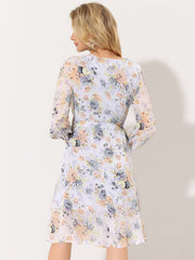 Chiffon Floral V Neck Tie Waist Bishop Sleeve Casual Wrap Midi Dress