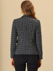 Tweed Plaid Long Sleeves Notched Lapel Open Front Blazer Jacket