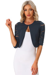 3/4 Sleeve Floral Lace Open Front Office Bolero Shrug