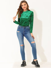 Casual Velvet Top Soft Vintage Crew Neck Long Sleeve T-Shirt
