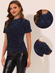 Glitter Sequin Velvet Crew Neck Short Sleeve Party Clubwear Blouse