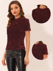 Glitter Sequin Velvet Crew Neck Short Sleeve Party Clubwear Blouse