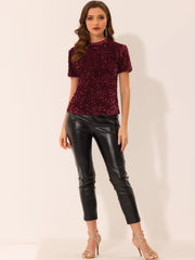Glitter Sequin Velvet Crew Neck Short Sleeve Party Clubwear Blouse