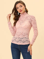 See Through Long Sleeve Turtleneck Sheer Floral Lace Blouse