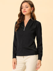 V Neck Decor Beaded Long Sleeve Office Pleated Satin Blouse Top