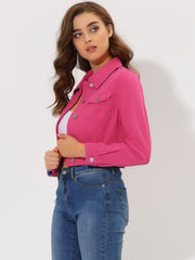 Button Down Long Sleeve Casual Cropped Denim Jacket