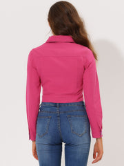 Button Down Long Sleeve Casual Cropped Denim Jacket