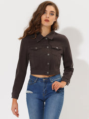 Button Down Long Sleeve Casual Cropped Denim Jacket