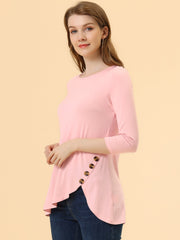 3/4 Sleeve Round Neck Button Decor Casual Stretchy Tunic Tops