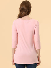 3/4 Sleeve Round Neck Button Decor Casual Stretchy Tunic Tops