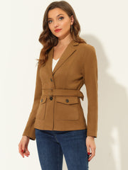 Faux Suede Blazer Belted Lapel Outwear Single Breasted Work Jacket