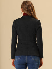 Faux Suede Blazer Belted Lapel Outwear Single Breasted Work Jacket