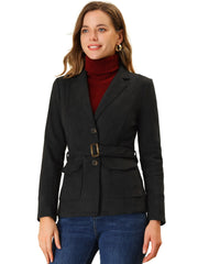 Faux Suede Blazer Belted Lapel Outwear Single Breasted Work Jacket
