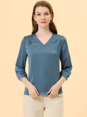 Casual Office Blouse 3/4 Sleeve V Neck Satin Shirt