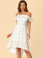 Spaghetti Strap Asymmetrical High Low Floral A-Line Midi Dress
