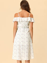 Spaghetti Strap Asymmetrical High Low Floral A-Line Midi Dress