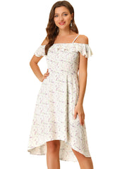 Spaghetti Strap Asymmetrical High Low Floral A-Line Midi Dress