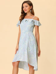 Spaghetti Strap Asymmetrical High Low Floral A-Line Midi Dress