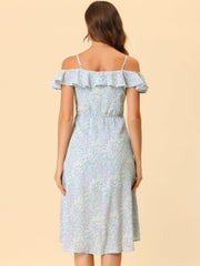 Spaghetti Strap Asymmetrical High Low Floral A-Line Midi Dress