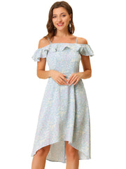 Spaghetti Strap Asymmetrical High Low Floral A-Line Midi Dress