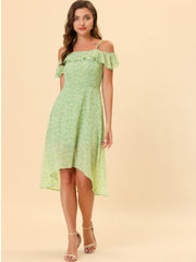 Spaghetti Strap Asymmetrical High Low Floral A-Line Midi Dress