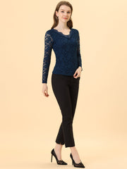 Floral Embroidery Sheer Long Sleeve Lace Blouse Top
