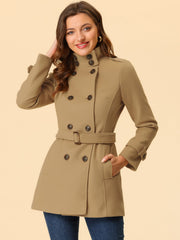 Stand Collar Double Breasted Trendy Belted Winter Coat