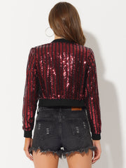 Metallic Sequin Shiny Zip Up Party Sparkly Crop Bomber Jacket