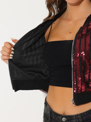 Metallic Sequin Shiny Zip Up Party Sparkly Crop Bomber Jacket