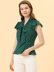 Summer Polka Dots Top Bow Tie V Neck Ruffled Cap Sleeve Office Blouse