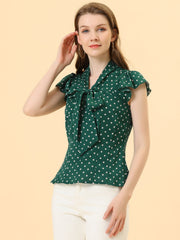 Summer Polka Dots Top Bow Tie V Neck Ruffled Cap Sleeve Office Blouse
