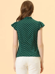 Summer Polka Dots Top Bow Tie V Neck Ruffled Cap Sleeve Office Blouse