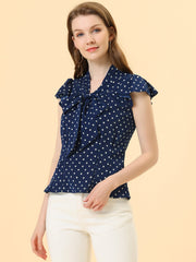 Summer Polka Dots Top Bow Tie V Neck Ruffled Cap Sleeve Office Blouse